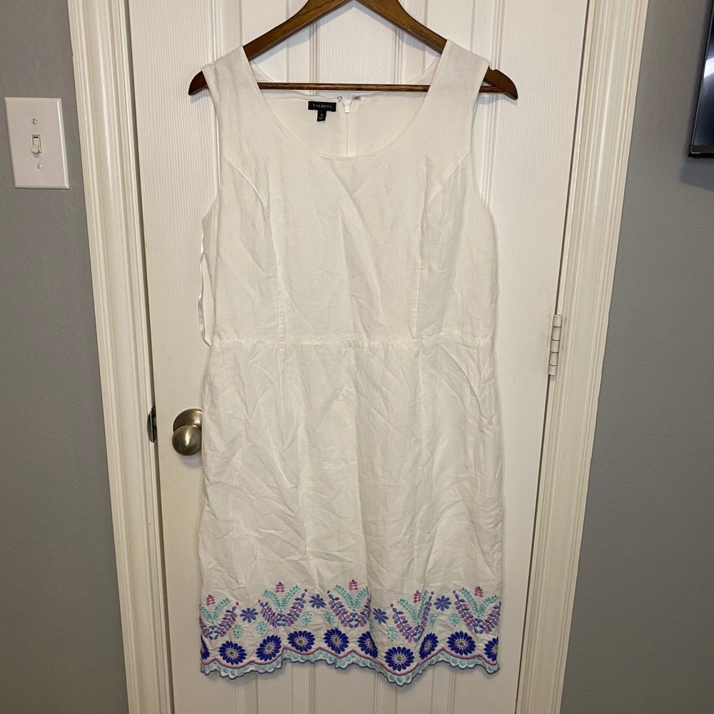 Talbots White Linen Cotton Embroidered Scallop Hem Shift Dress Womens 10